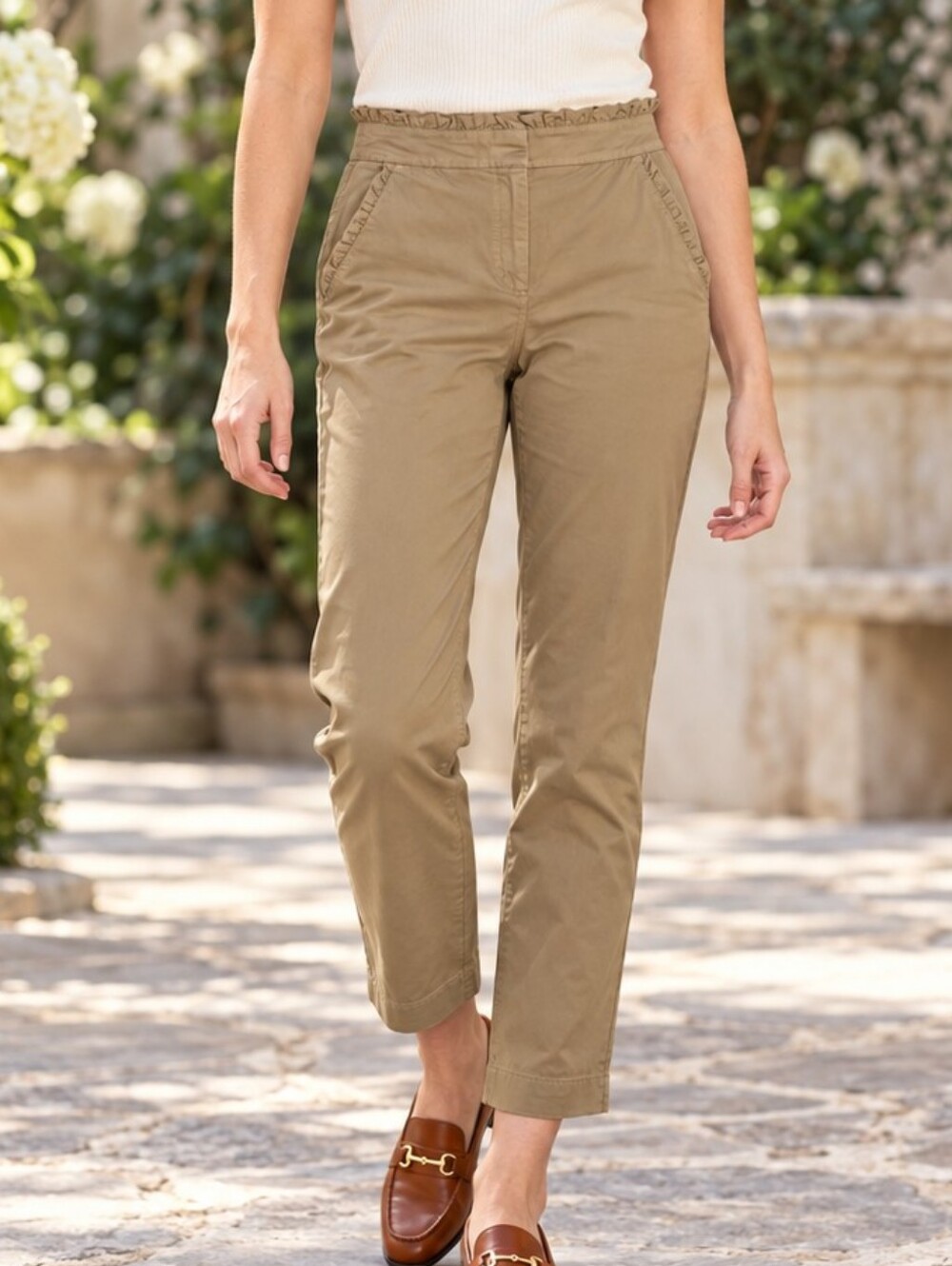 J.Crew Ruffle Waist Chino Pants 4 Khaki Stretch Cotton Ankle Soft Preppy Pockets